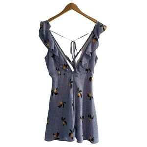 Rokoko Blue & White Striped Ruffle Peach Print Lined Dress with Back Tie US L